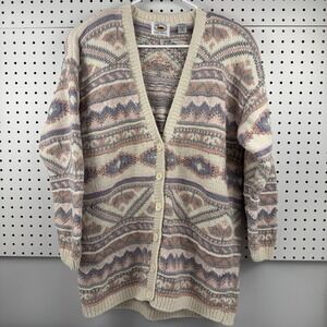 Vtg Marsh Landing Hand Knit Cardigan M Pastel Aztec 80s Ramie Cotton Sweater
